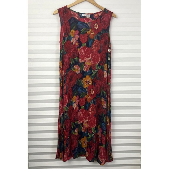 la cera Dresses & Skirts - La Cera Womens Dress Size XL Sleeveless Buttons Slit Sides Crinkle Midi Floral